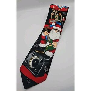 Mens Neck Tie Rock On Christmas Santa Claus Reindeer Band Drum Guitar Music